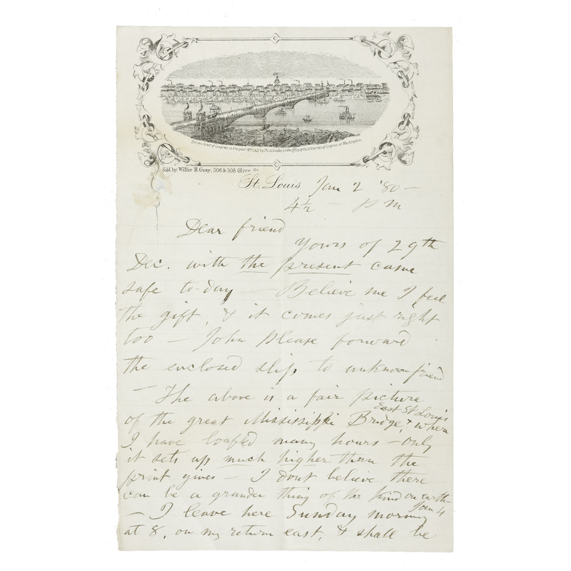 Autograph letter signed (&quot;Walt Whitman&quot;) to John Burroughs. St. Louis, Missouri, January 2, 1880.